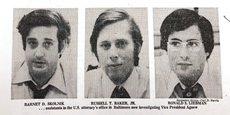 The three assistant U.S. attorneys, Barney Skolnik, Russell “Tim” Baker, and Ron Liebman, who handled the Spiro Agnew case.