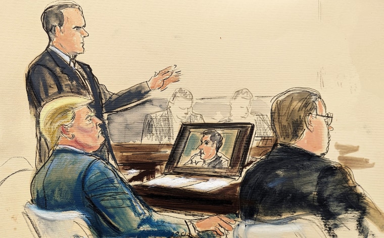 Courtroom sketch of Trump at the defense table. 